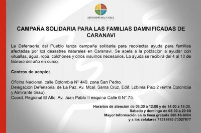 DEFENSORÍA DEL PUEBLO LANZA CAMPAÑA SOLIDARIA POR LAS FAMILIAS DAMNIFICADAS DE CARANAVI