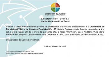 DEFENSORÍA DEL PUEBLO PRESENTA INFORME DE RENDICIÓN PÚBLICA DE CUENTAS FINAL GESTIÓN 2018